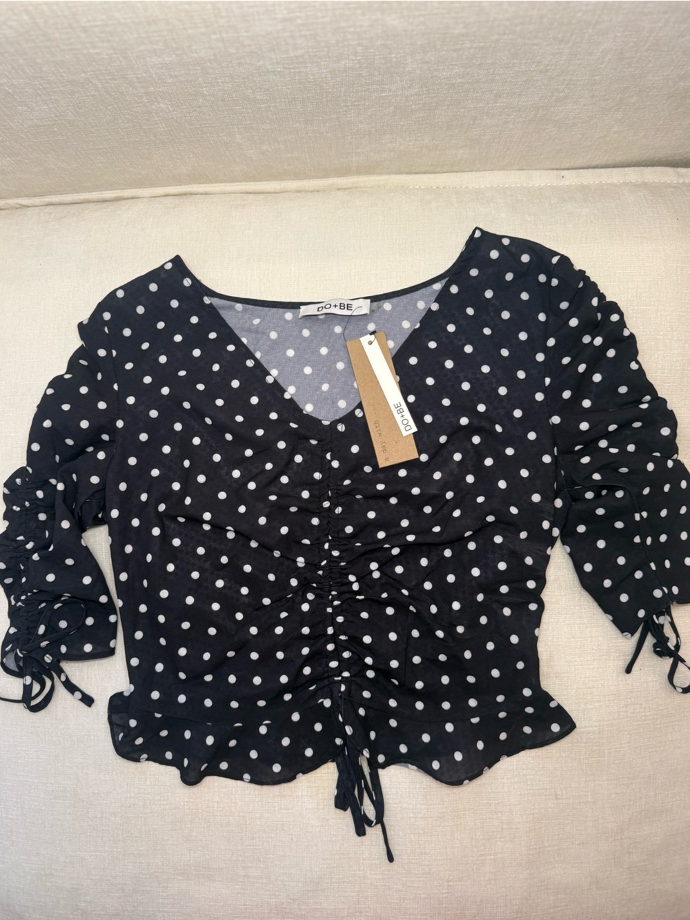 DO+BE Black and White Polka Dot Ruched Top